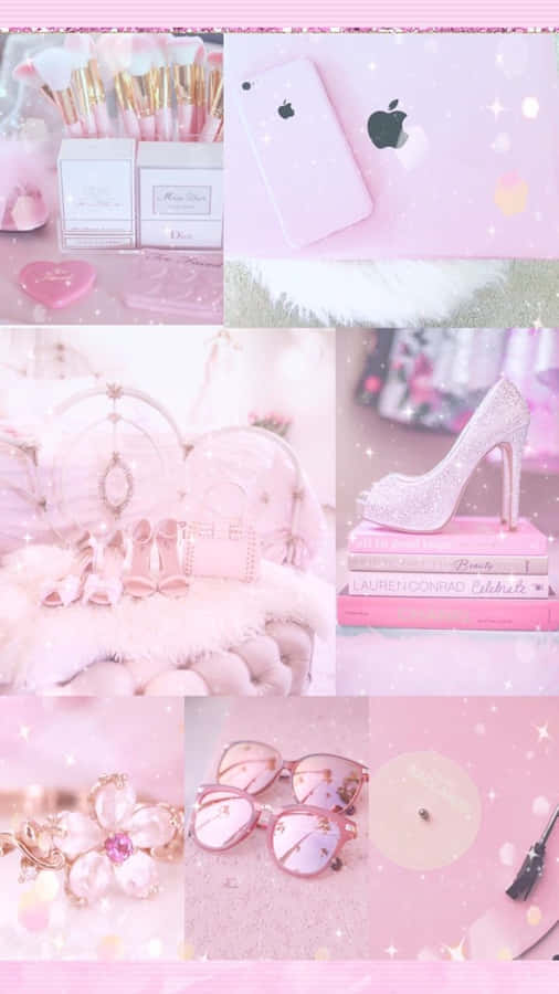Pink And White Collage With Various Items Wallpaper