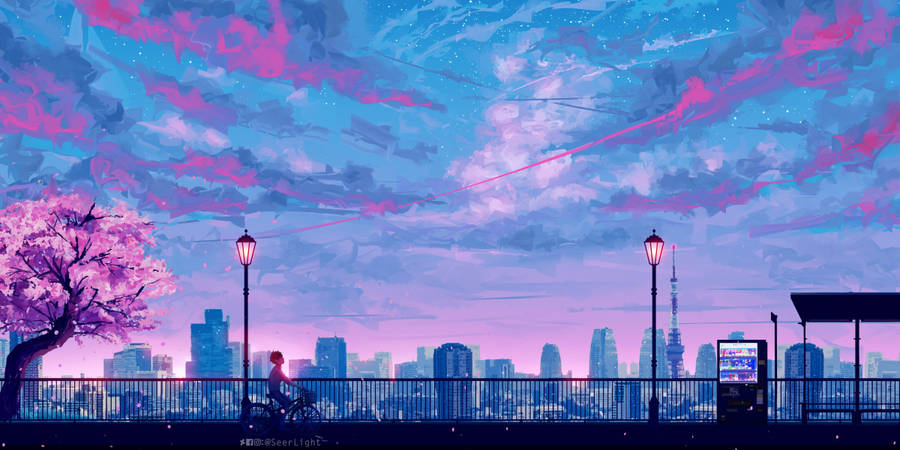 Pink Blue Anime City Wallpaper