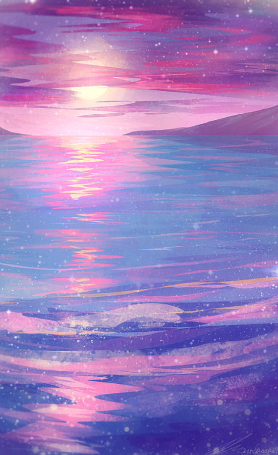 Pink Blue Sky Reflection Digital Painting Wallpaper