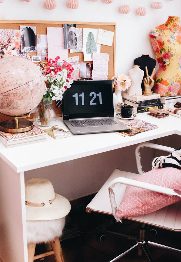 Pink Boho-chic Office Coffee Laptop Wallpaper