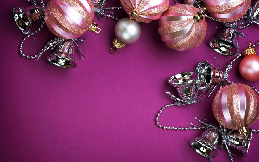 Pink Christmas Balls Purple Background Wallpaper