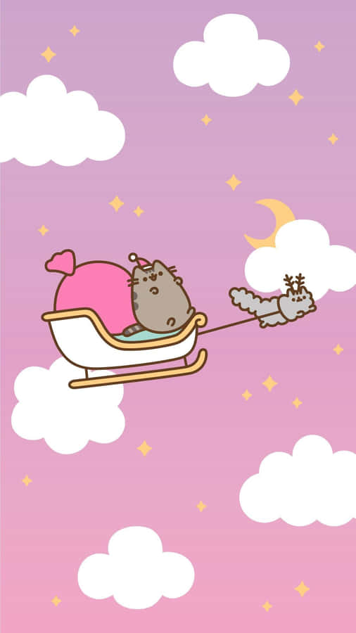 Pink Christmas Pusheen Cat Sleigh Wallpaper