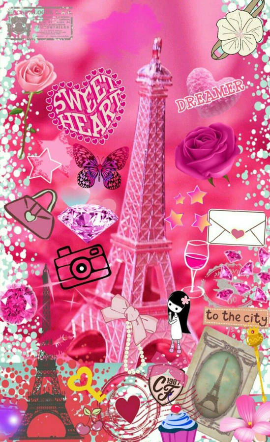 Pink Paris Stickers Collage Wallpaper