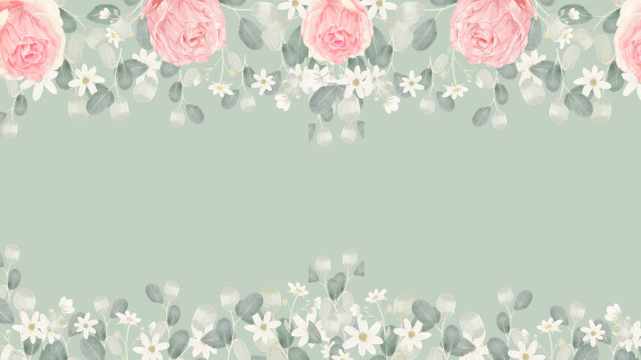 Pink Roses Sage Green Desktop Wallpaper