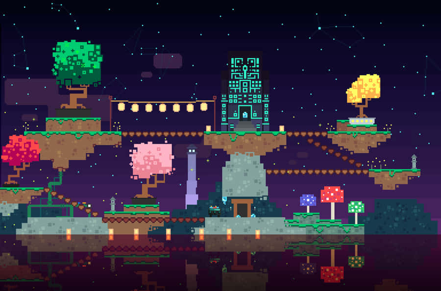 Pixel Art City With Trees And Buildings Wallpaper