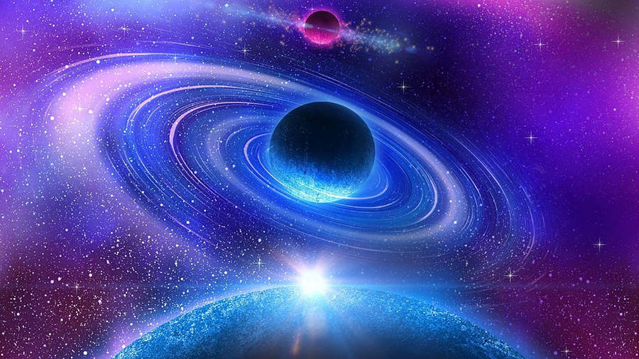 Planet With Rings On Galaxy Background Wallpaper