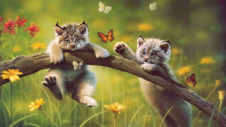 Playful Kittenson Branchwith Butterflies Wallpaper