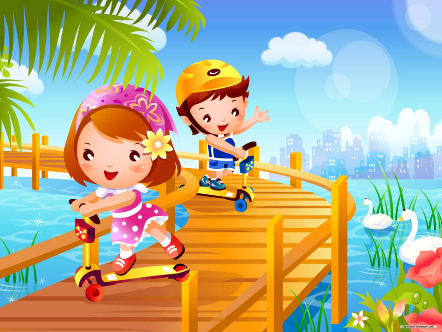 Playing Children At Pier Cartoon Art Wallpaper