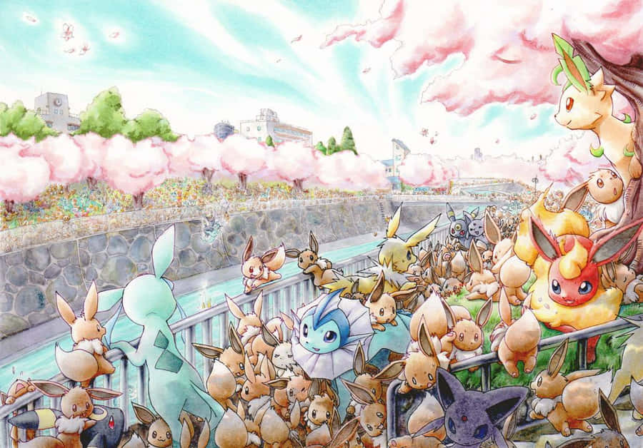 Pokémon Eevee Gathering In A Spring Park Wallpaper