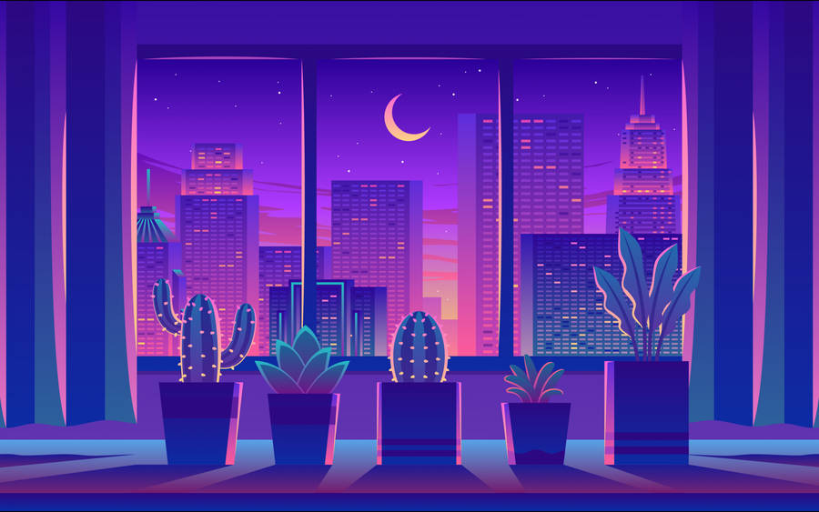 Potted City Plants Aesthetic Purple Neon Computer Wallpaper