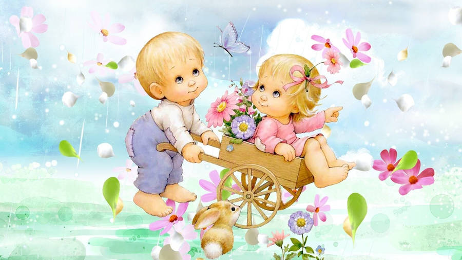 Precious Kids With A Wheelbarrow Wallpaper