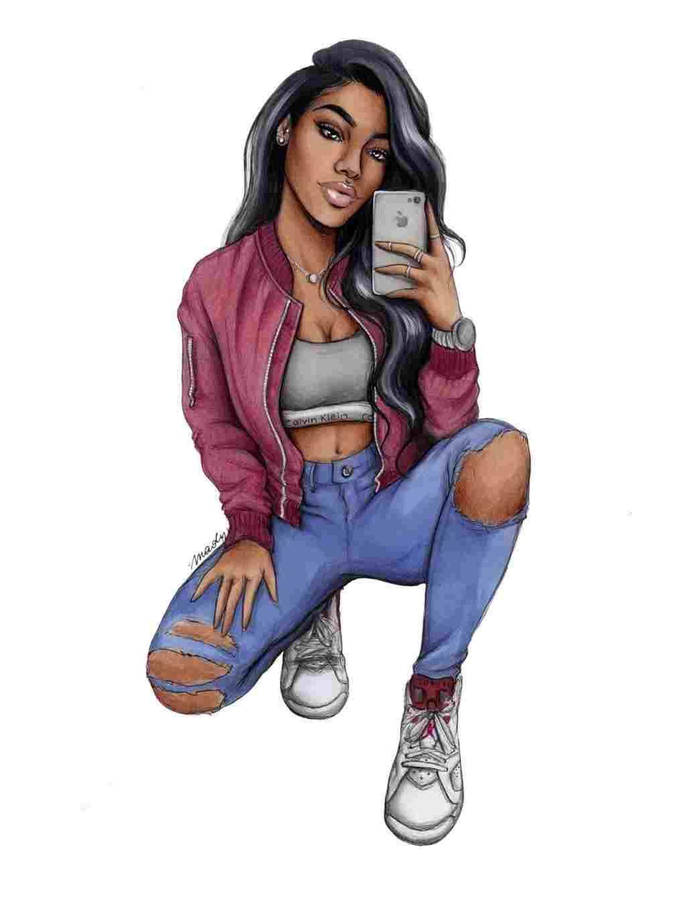 Pretty Girl Cartoon Casual Mirror Selfie Wallpaper