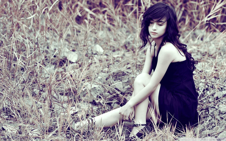 Pretty Sad Girl In Black Dress Wallpaper