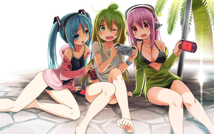 Psp Anime Girls In Swimsuits Playing Wallpaper