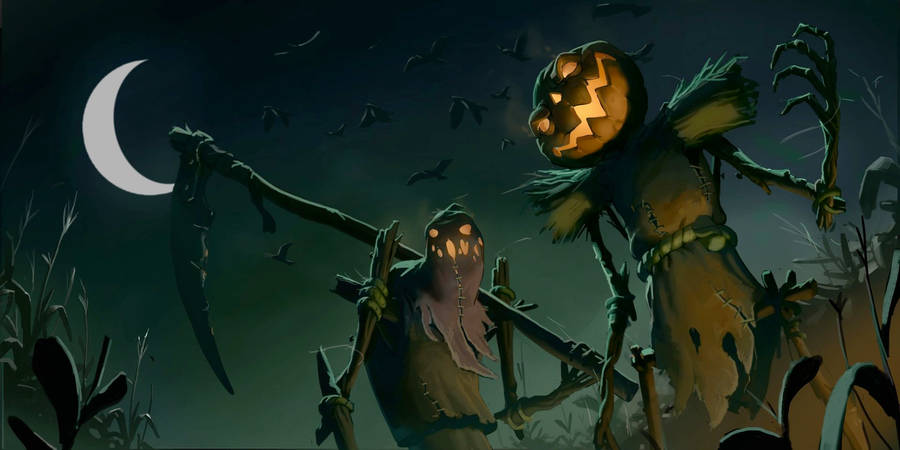 Pumpkin Scarecrows With Scythe Halloween Computer Wallpaper