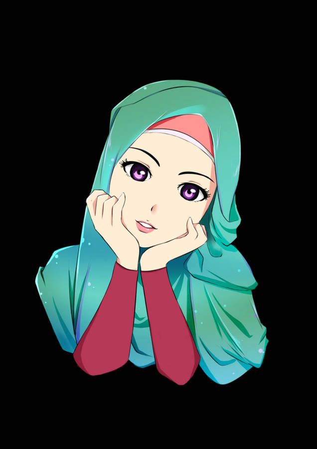 Purple-eyed Girl Hijab Cartoon Wallpaper