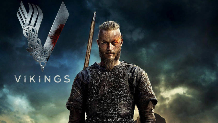 Ragnar Lothbrok 4k Vikings Logo With Spear Wallpaper