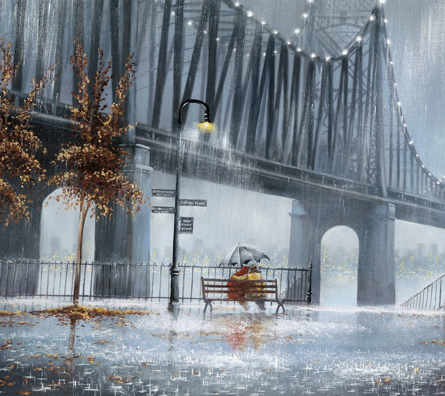 Rain Couple Bridge Wallpaper