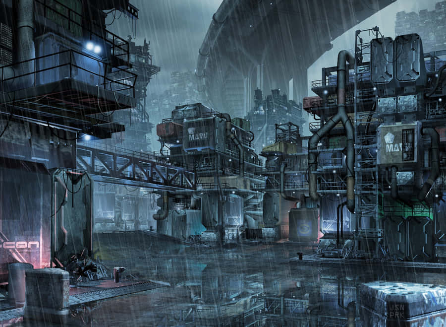 Rainy_ Dystopian_ Cityscape Wallpaper