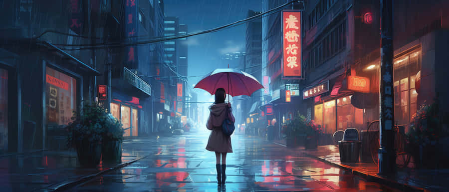 Rainy Night Cityscapewith Umbrella Wallpaper