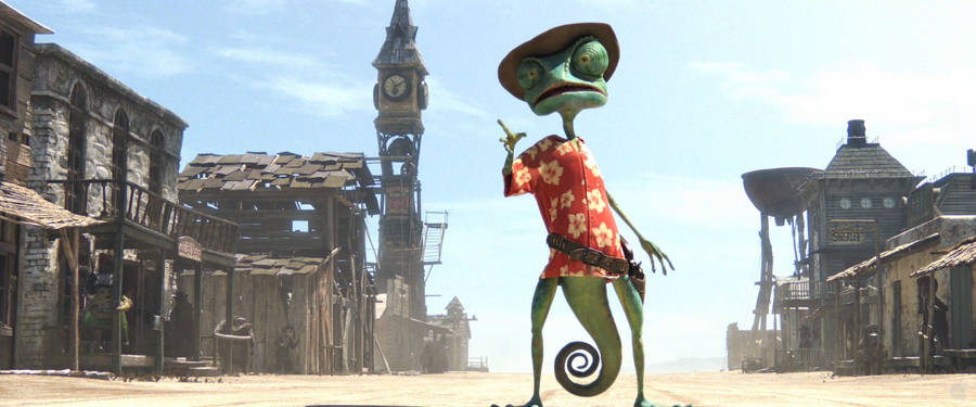 Rango Dancing Over Blue Sky Backdrop Wallpaper