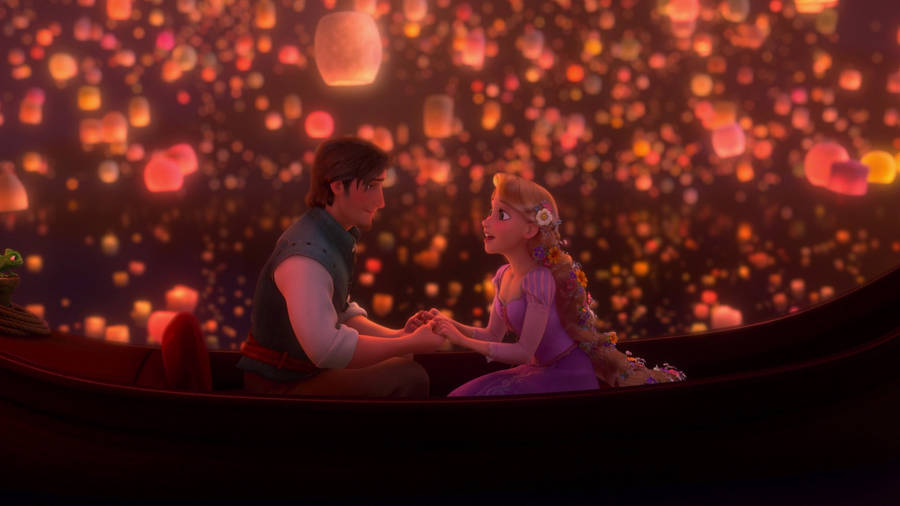 Rapunzel And Flynn Enjoying A Peaceful Boat Ride In Corona Wallpaper