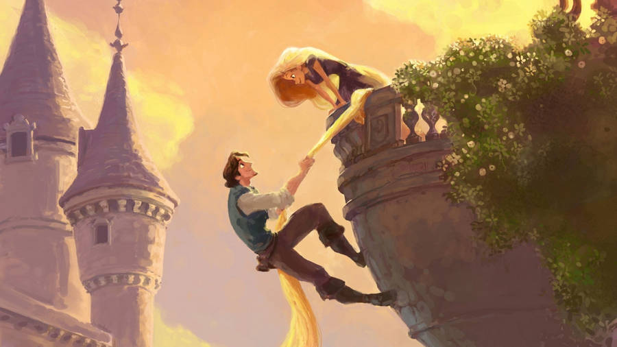 Rapunzel And Flynn Prepare For Their Escape From The Castle Balcony Wallpaper