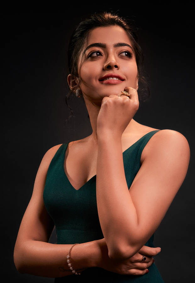 Rashmika Mandanna Hd Dark Green Dress Wallpaper