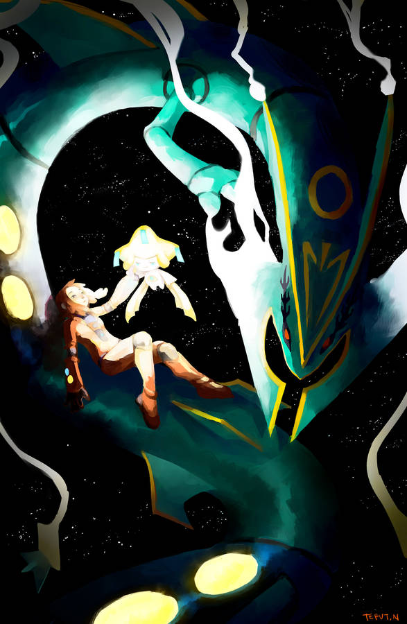 Rayquaza, Legendary Flying Pokémon And Jirachi Shining In The Sky Wallpaper