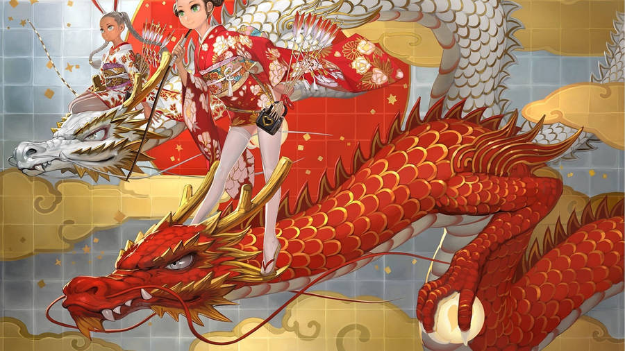 Red And White Japanese Dragon Pc Wallpaper