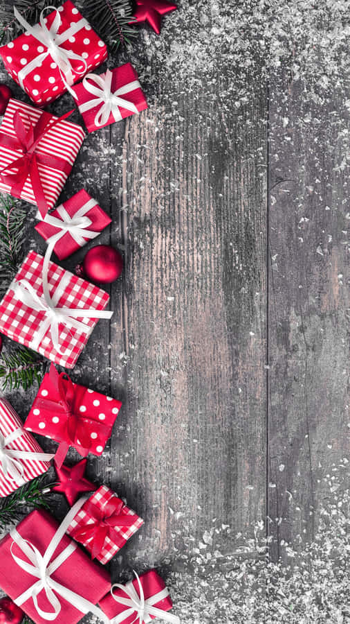 Red And White Presents Farmhouse Christmas Wooden Deck Wallpaper