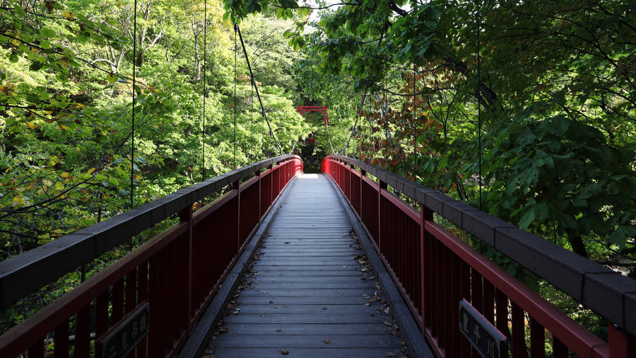 Red Bridge Surrounded By Greenery Wallpaper