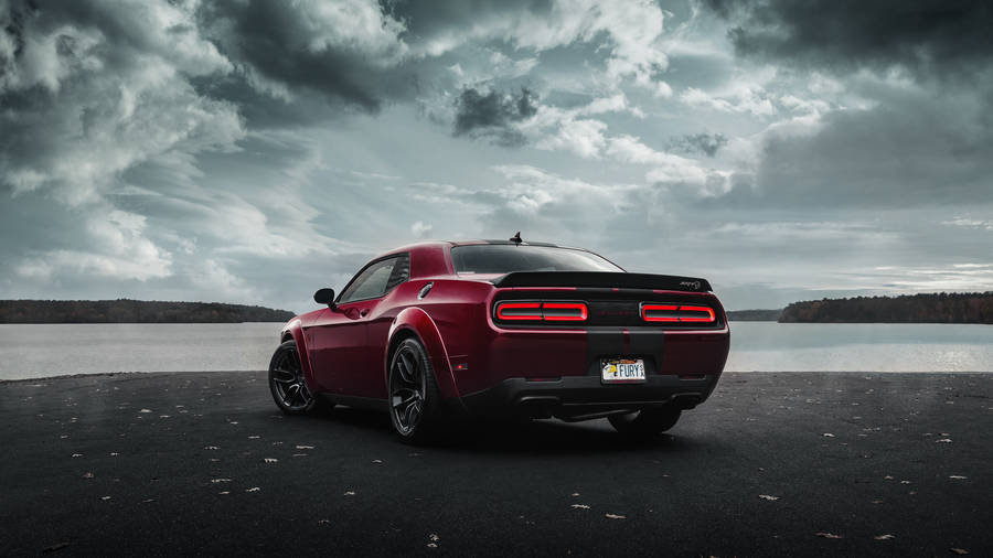 Red Dodge Challenger Demon 4k Near Water Wallpaper