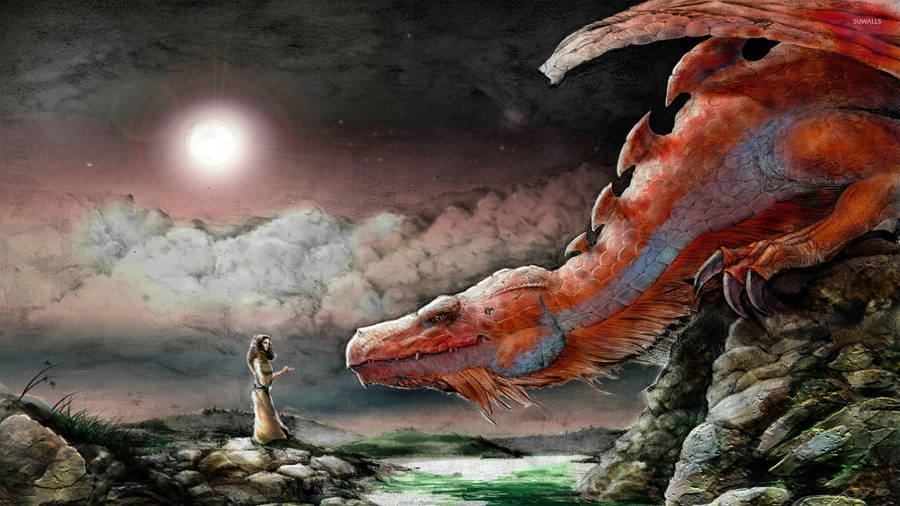 Red Dragon And Girl Wallpaper