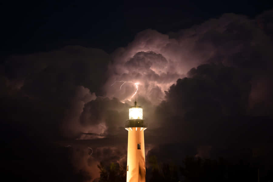 Red Lightning Strike At Lighthouse Wallpaper