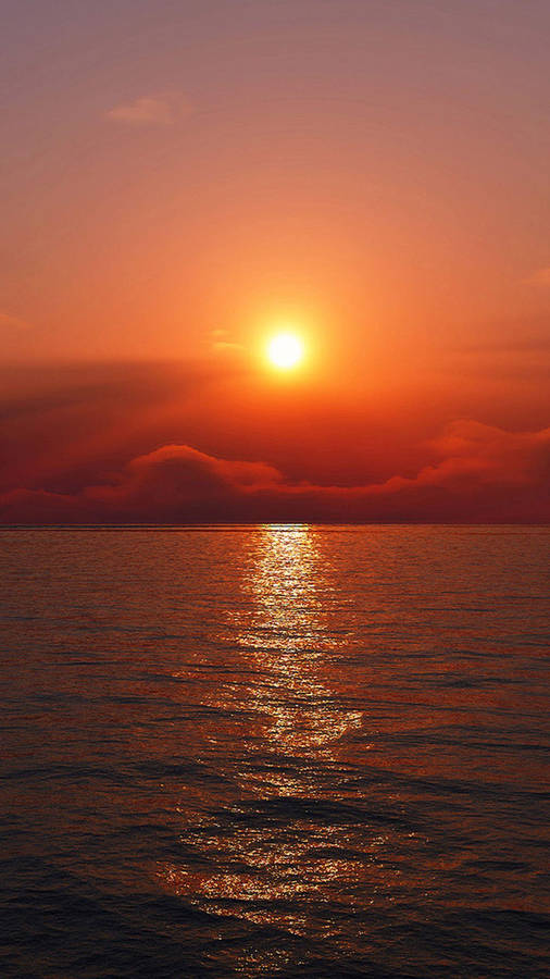 Red Sunset Sky Above Quiet Ocean Wallpaper