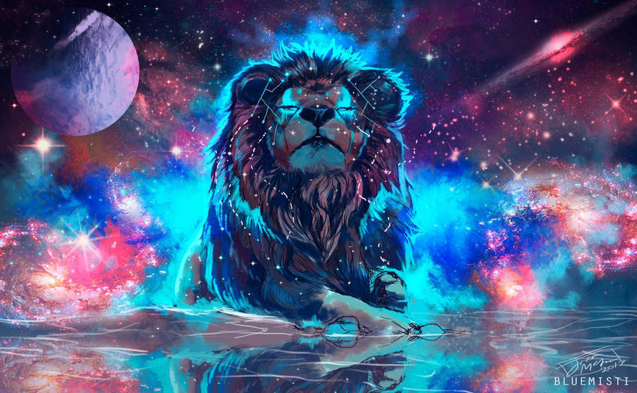 Relaxing Lion Galaxy Neon Art Wallpaper