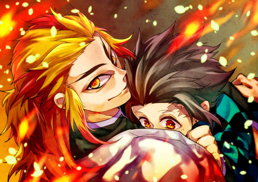 Rengoku Protects Tanjiro Wallpaper