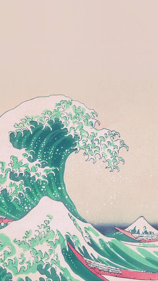Retro Hokusai Variation Aesthetic Teal Wallpaper