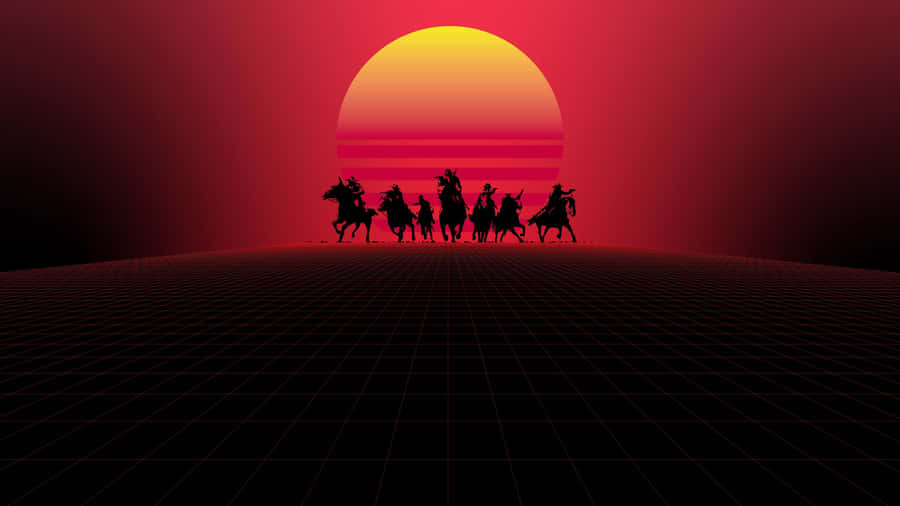 Retro Sunset Cowboy Silhouettes Wallpaper