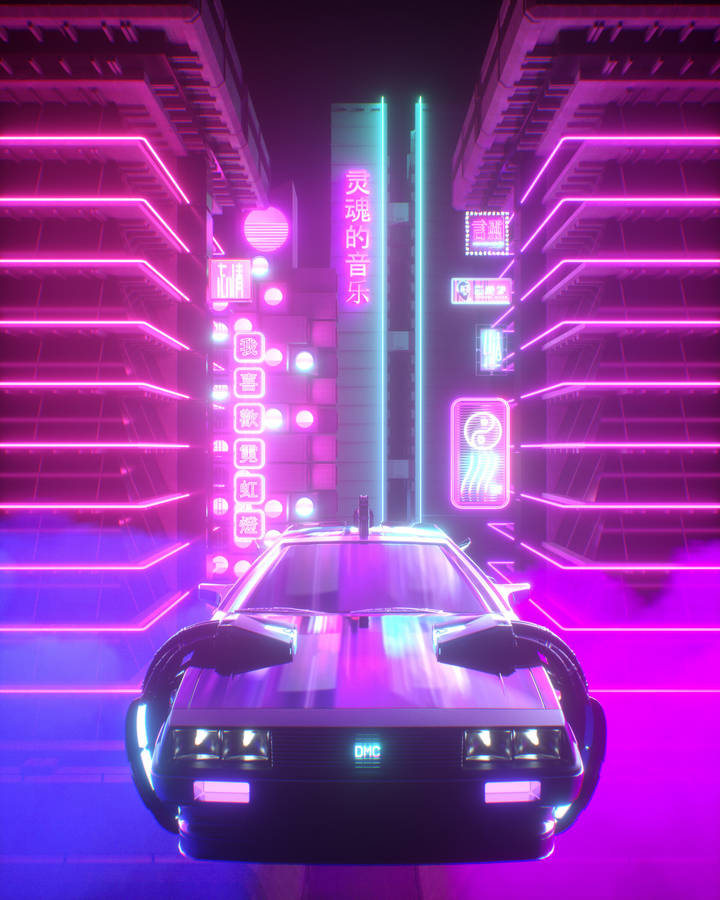 Retrowave Car In Neon City Wallpaper