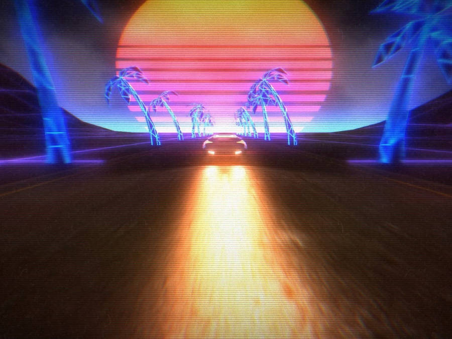 Retrowave Car On Tropical Sunset Road Wallpaper