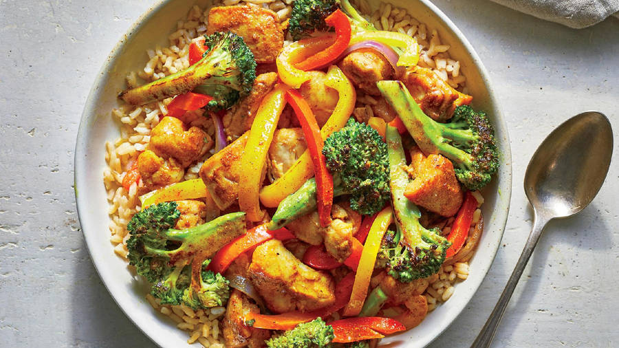 Rice With Yellow Curry And Broccoli Wallpaper