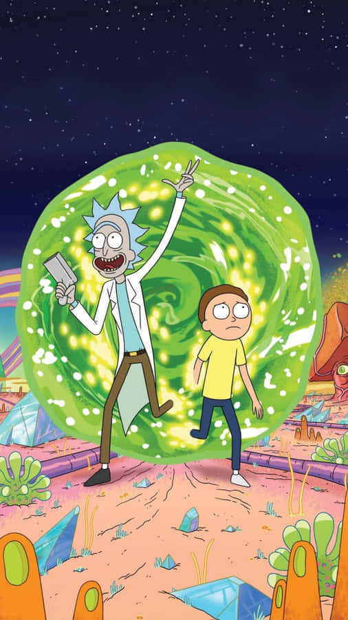 Rick And Morty Straddle A Portal In The Middle Of An Unknown Universe Wallpaper