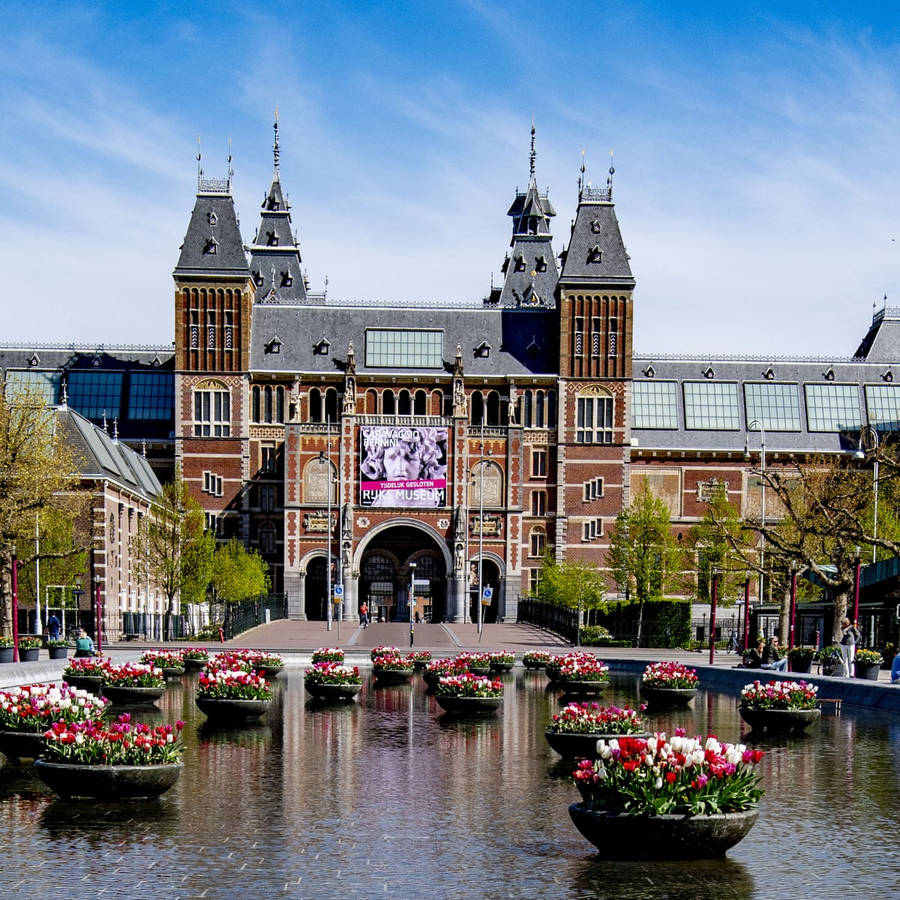 Rijksmuseum With Flowers In Pond Wallpaper