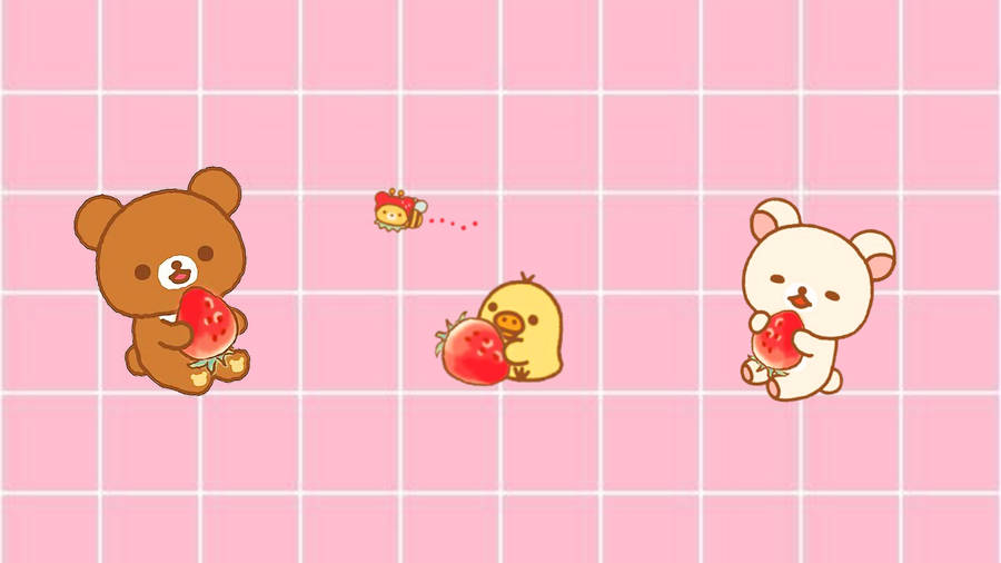 Rilakkuma Eating Strawberry Cute And Pink Background Wallpaper