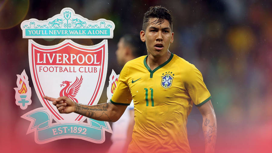 Roberto Firmino Brazil Jersey And Liverpool Crest Wallpaper