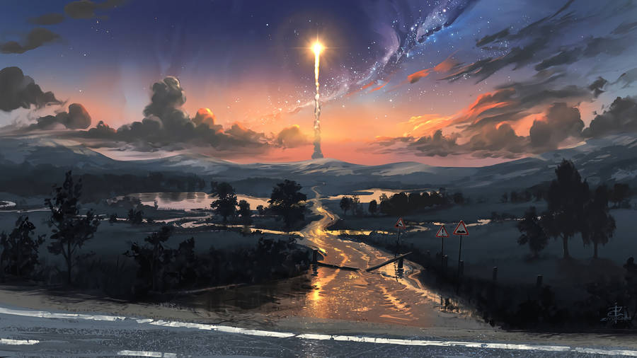 Rocket On Landscape Digital Art Wallpaper