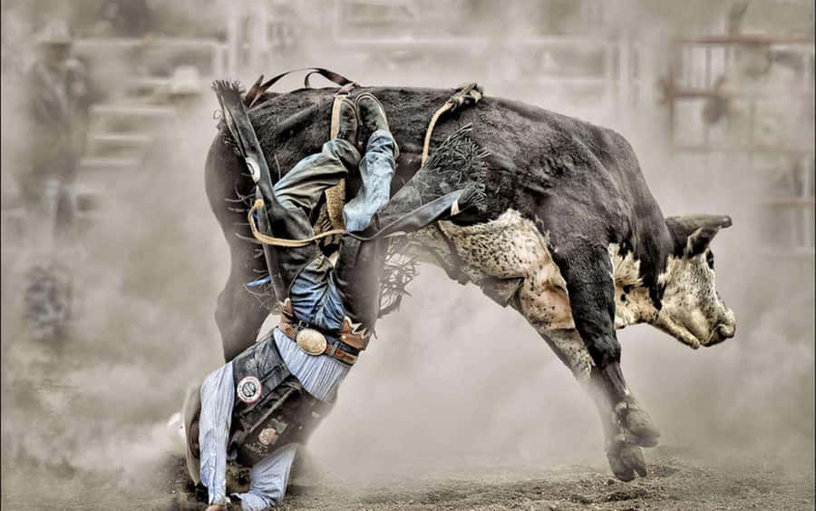 Rodeo Cow Dragging A Cowboy Wallpaper