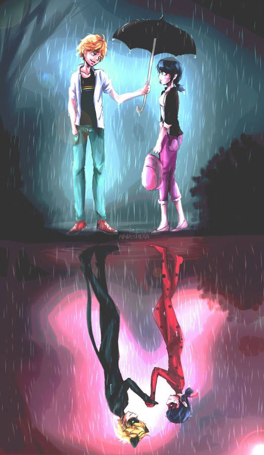 Romantic Miraculous Characters In The Rain Wallpaper